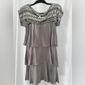 BCBGMaxAzria Silver Gray Tiered Embellished‎ Silk Cocktail Dress XS X Small 0 2